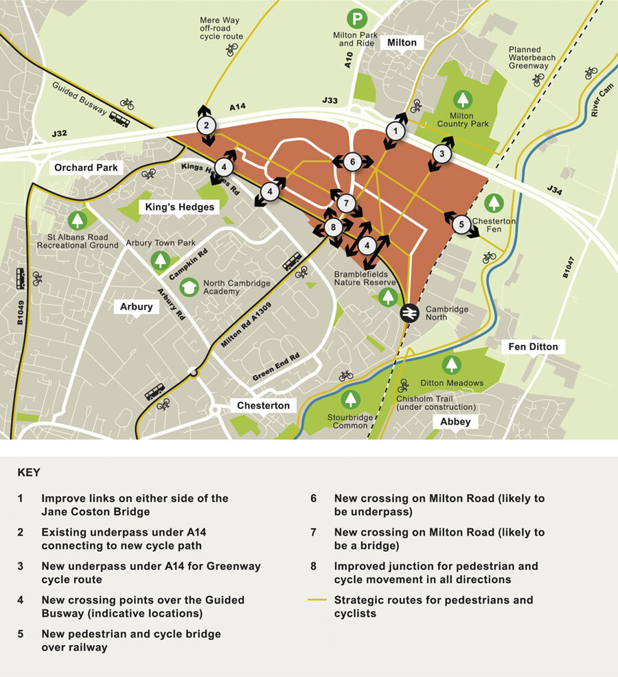 Map showing proposed new and improved connections across the A14, Guided Busway, railway line and Milton Road, as part of the Area Action Plan.