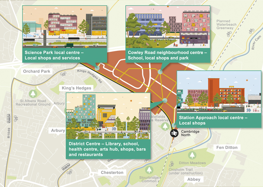 Map showing locations of new centres within the Area Action Plan.