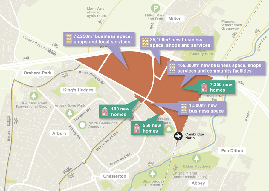 Map showing amount of new homes and other uses proposed in the Area Action Plan.