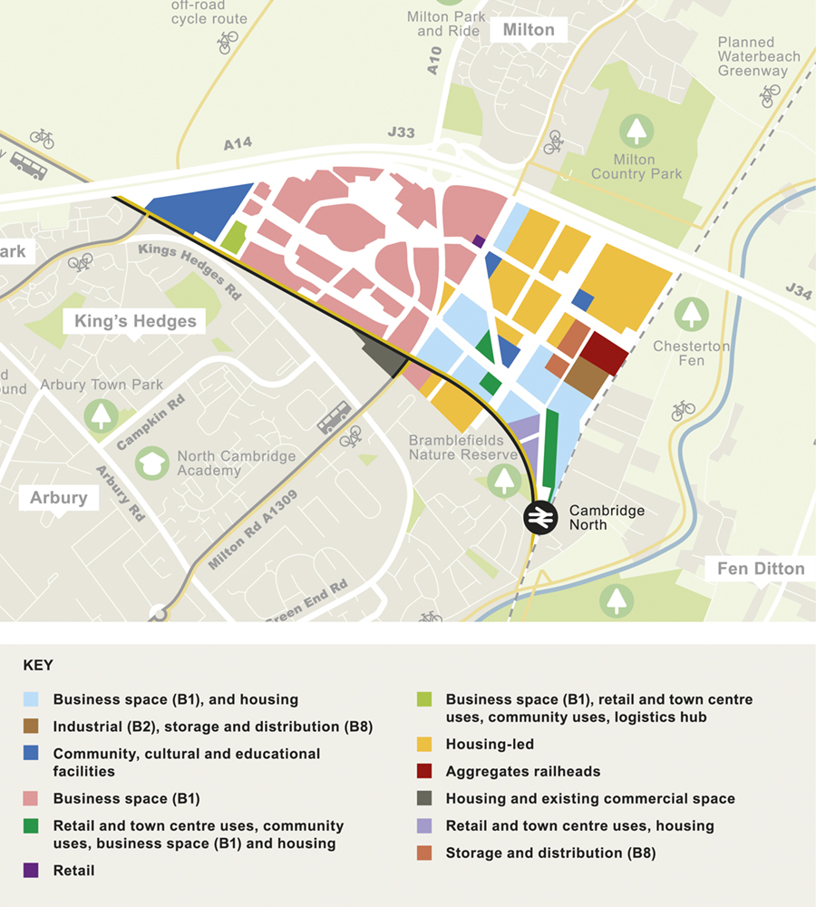 Map showing the proposed land uses in the Area Action Plan.