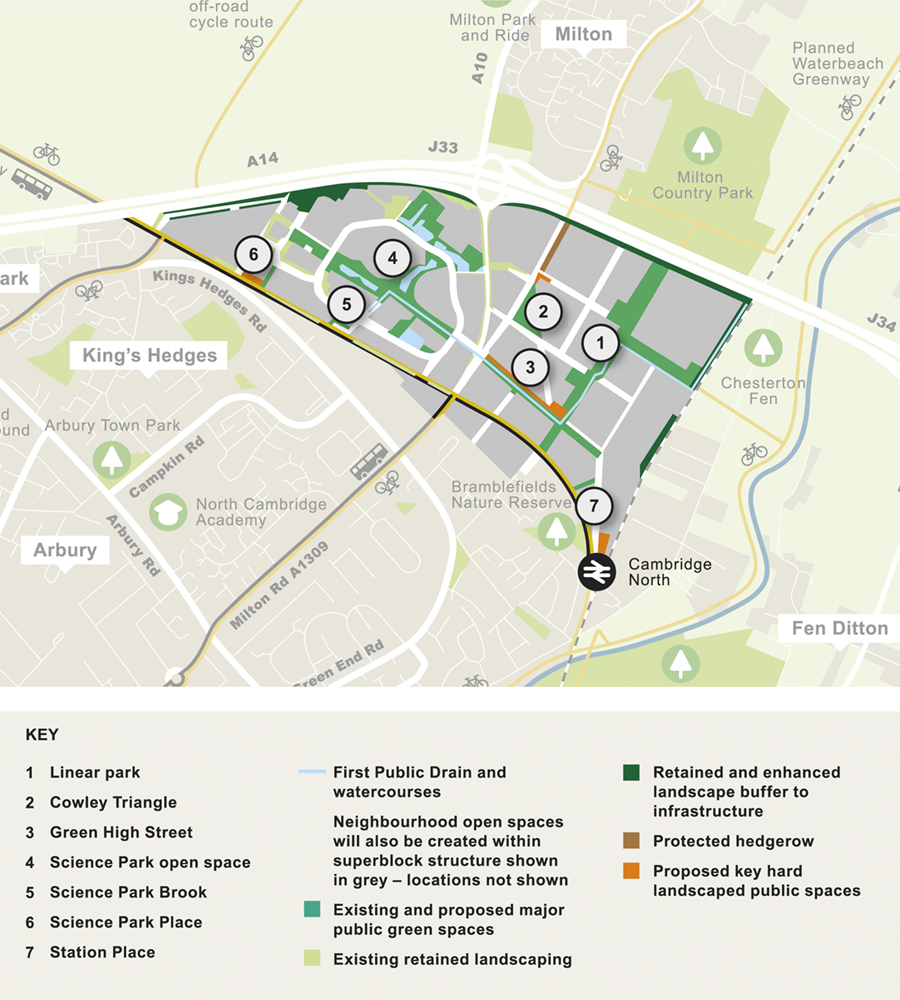 Map showing proposed open space network in the Area Action Plan.