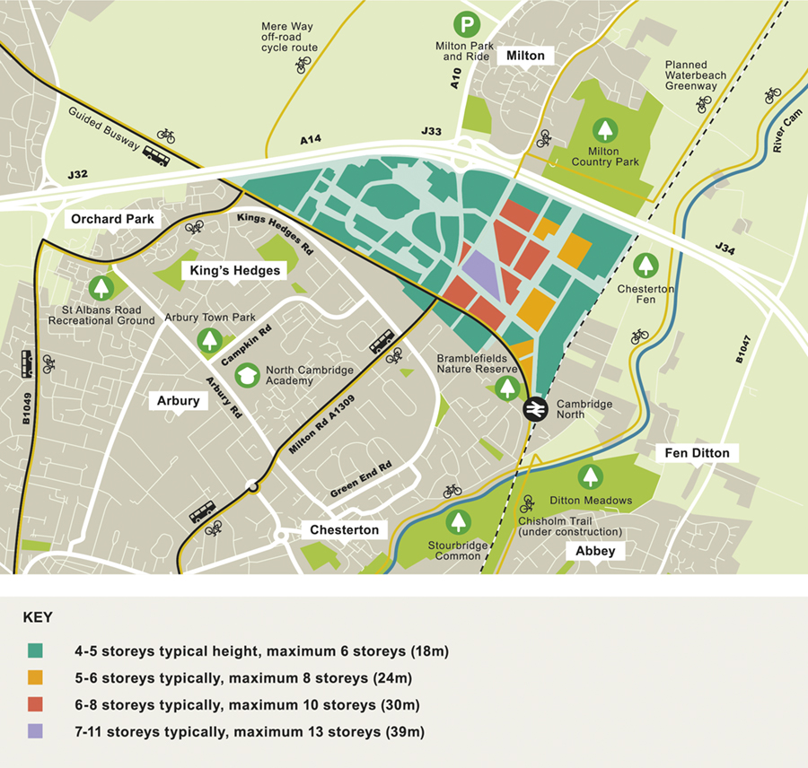 Map showing proposed building heights in the Area Action Plan.