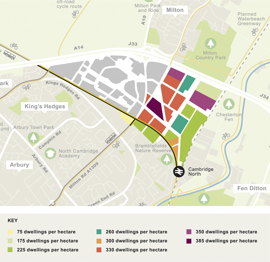 Map showing proposed residential densities in the Area Action Plan.