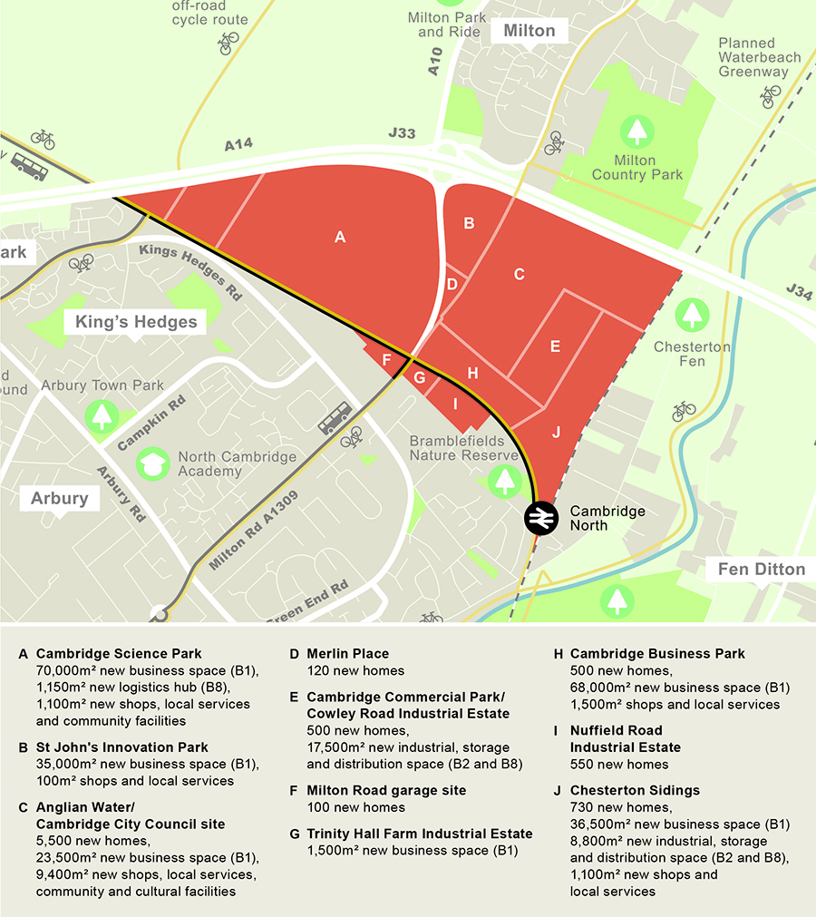 Map  showing proposed broad locations and quantities of new homes, workplaces, retail and other uses in the Area Action Plan.