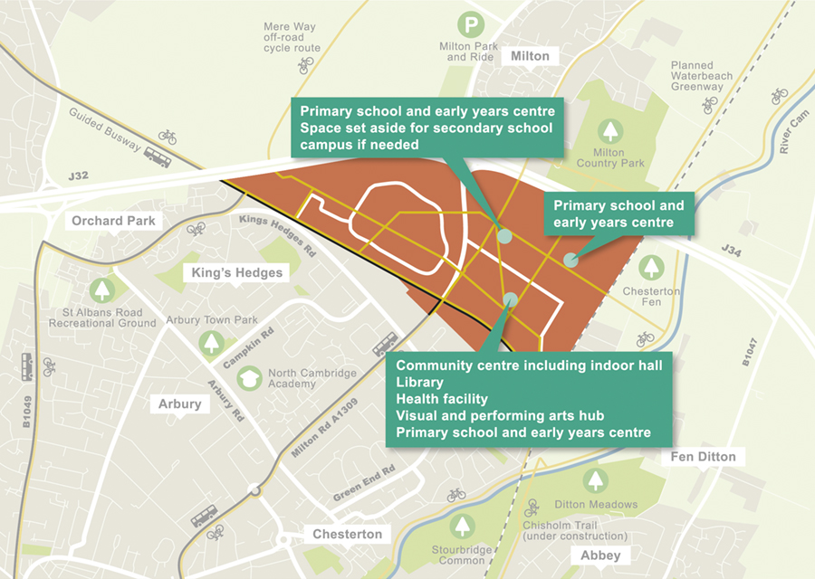 Map showing location of new social and cultural facilities proposed in the Area Action Plan.