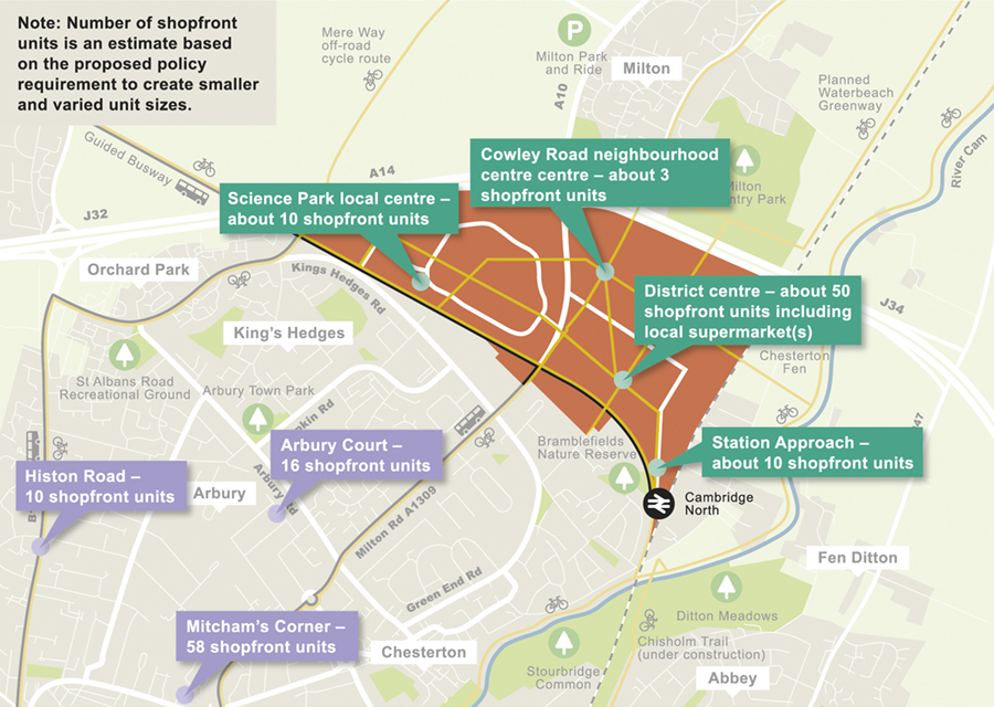 Map showing proposed locations and numbers of shopfront units for shops and local services in the Area Action Plan.