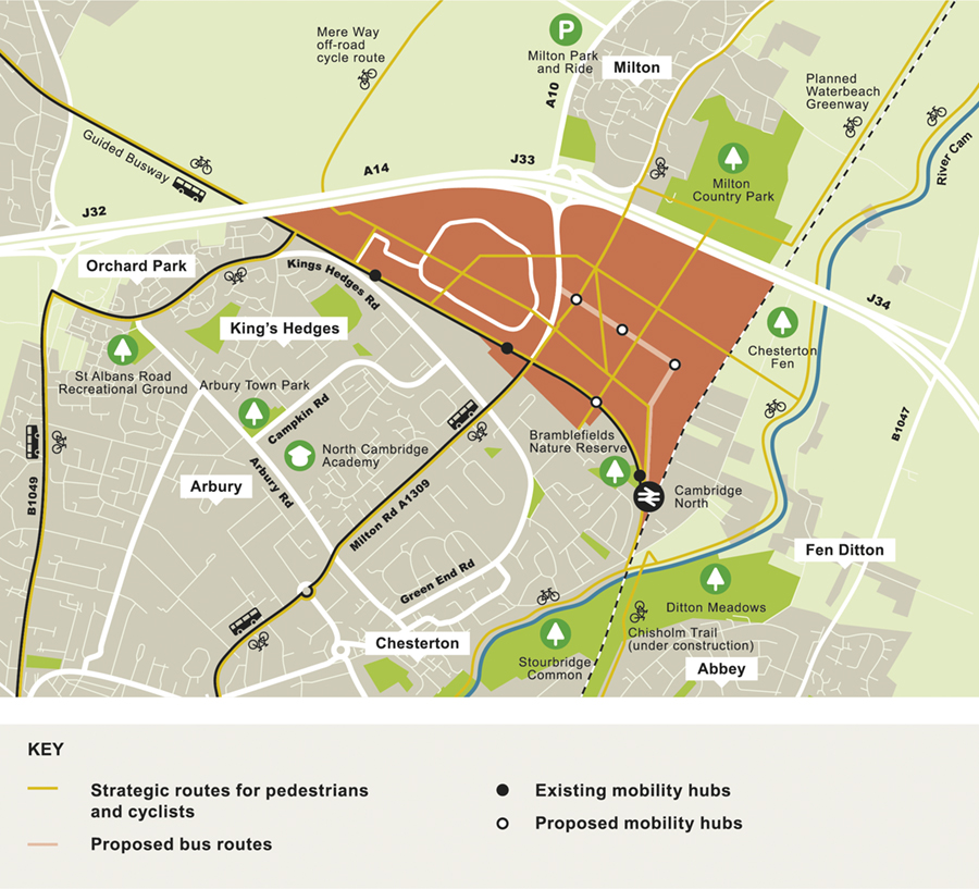 Map showing proposed strategic walking and cycling routes and mobility hubs, to be retained and created under the Area Action Plan.